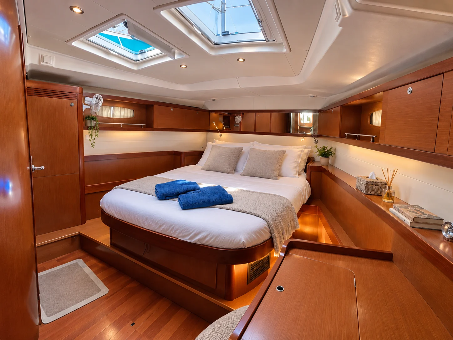 Master cabin on ACE with double bed, skylights and teak joinery