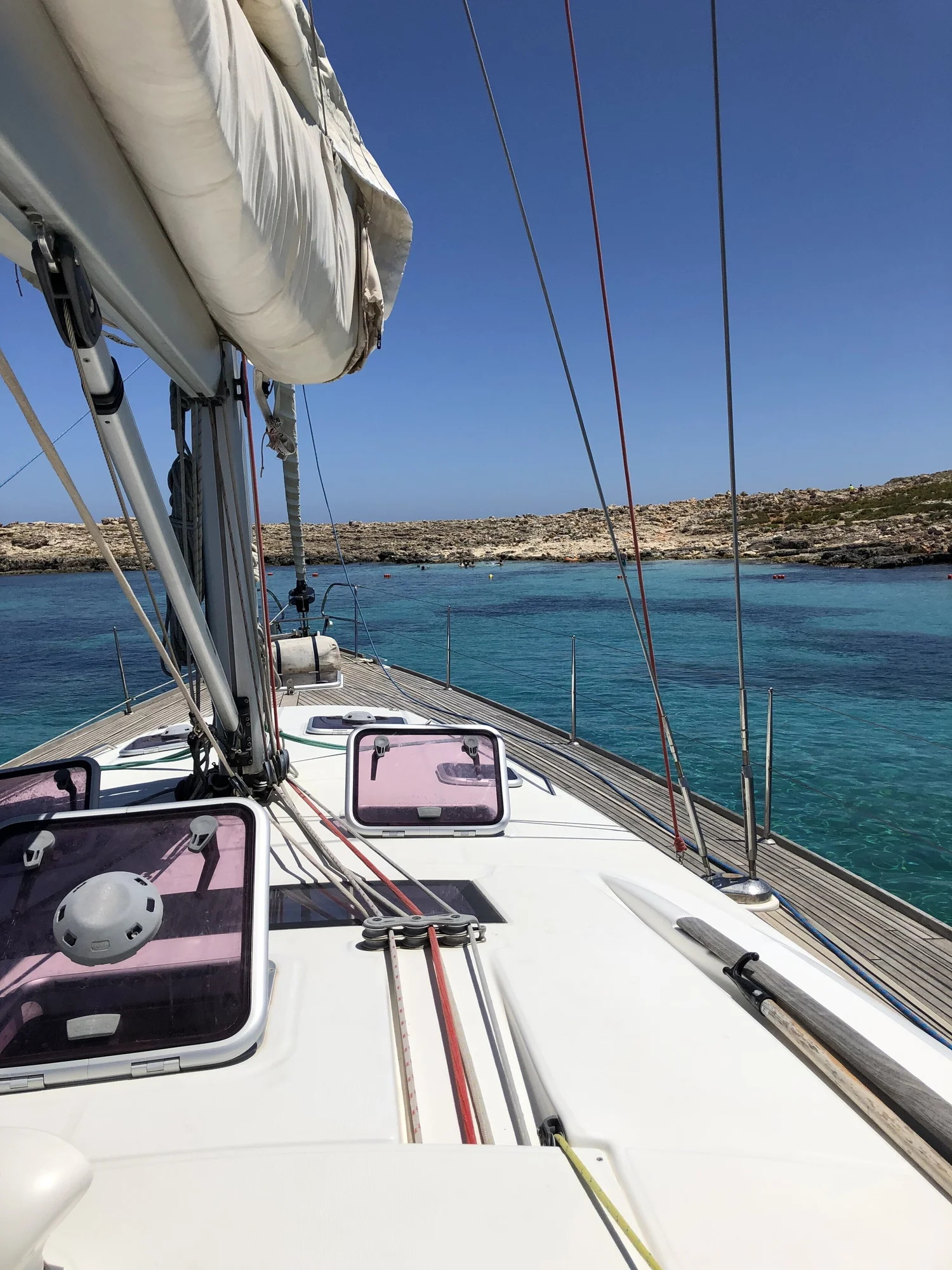 View forward along the deck of ACE towards the coast